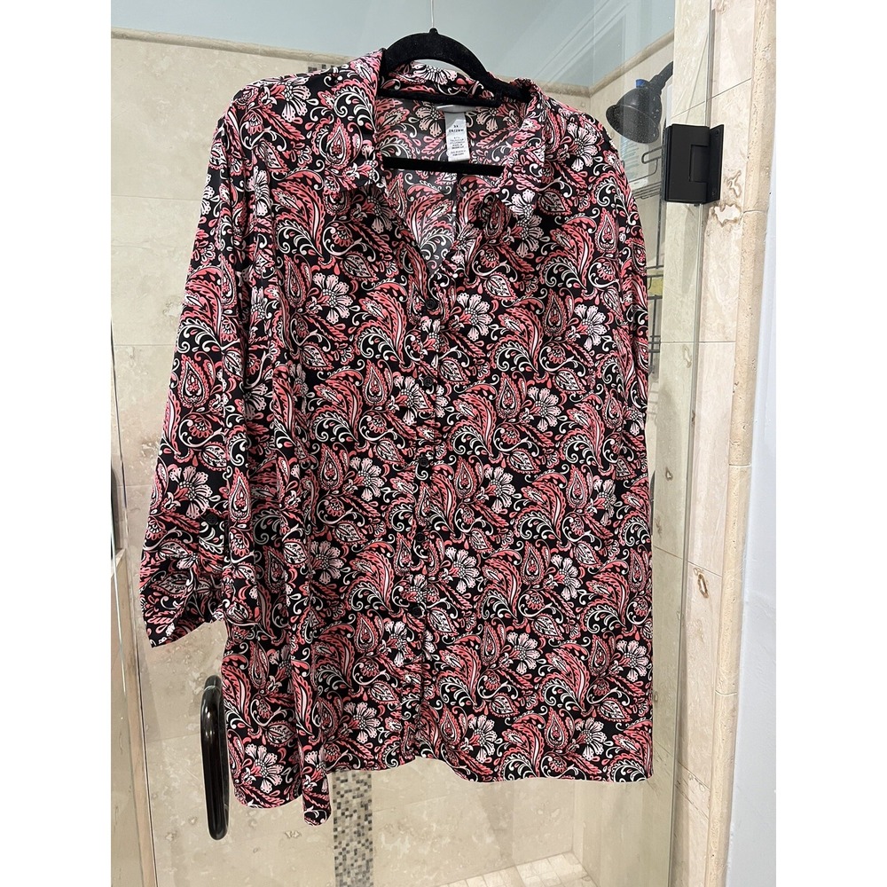 Catherines Women 3X 26/28W Pink Paisley Button Down 3/4 Sleeve Blouse Top